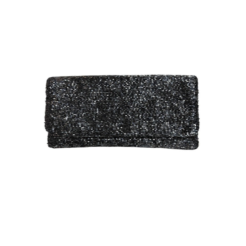 Moyna Beaded Foldover Clutch Bag Womens Gray Shimmer Evening Bag Glam Party Art